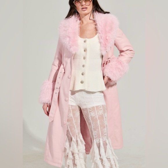NWT AKIRA light Pink Fur-Trimmed belted faux leather trench Coat size M - Picture 3 of 7